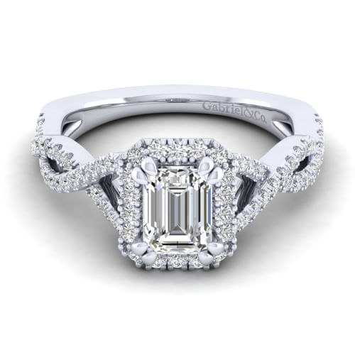 Platinum Halo Emerald Cut Diamond Engagement Ring