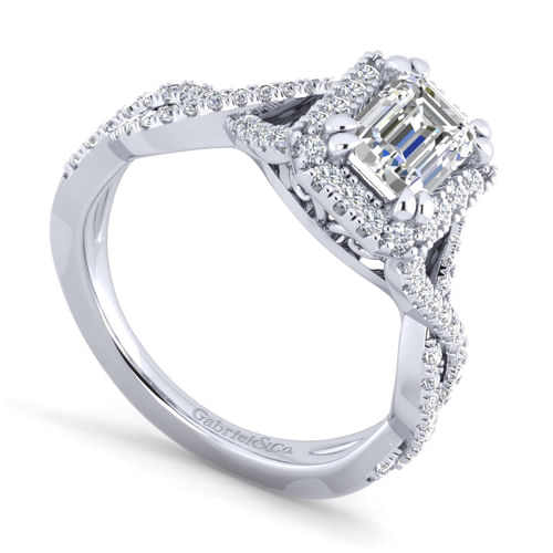 Platinum Halo Emerald Cut Diamond Engagement Ring