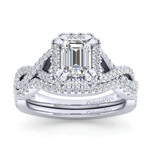 Platinum Halo Emerald Cut Diamond Engagement Ring