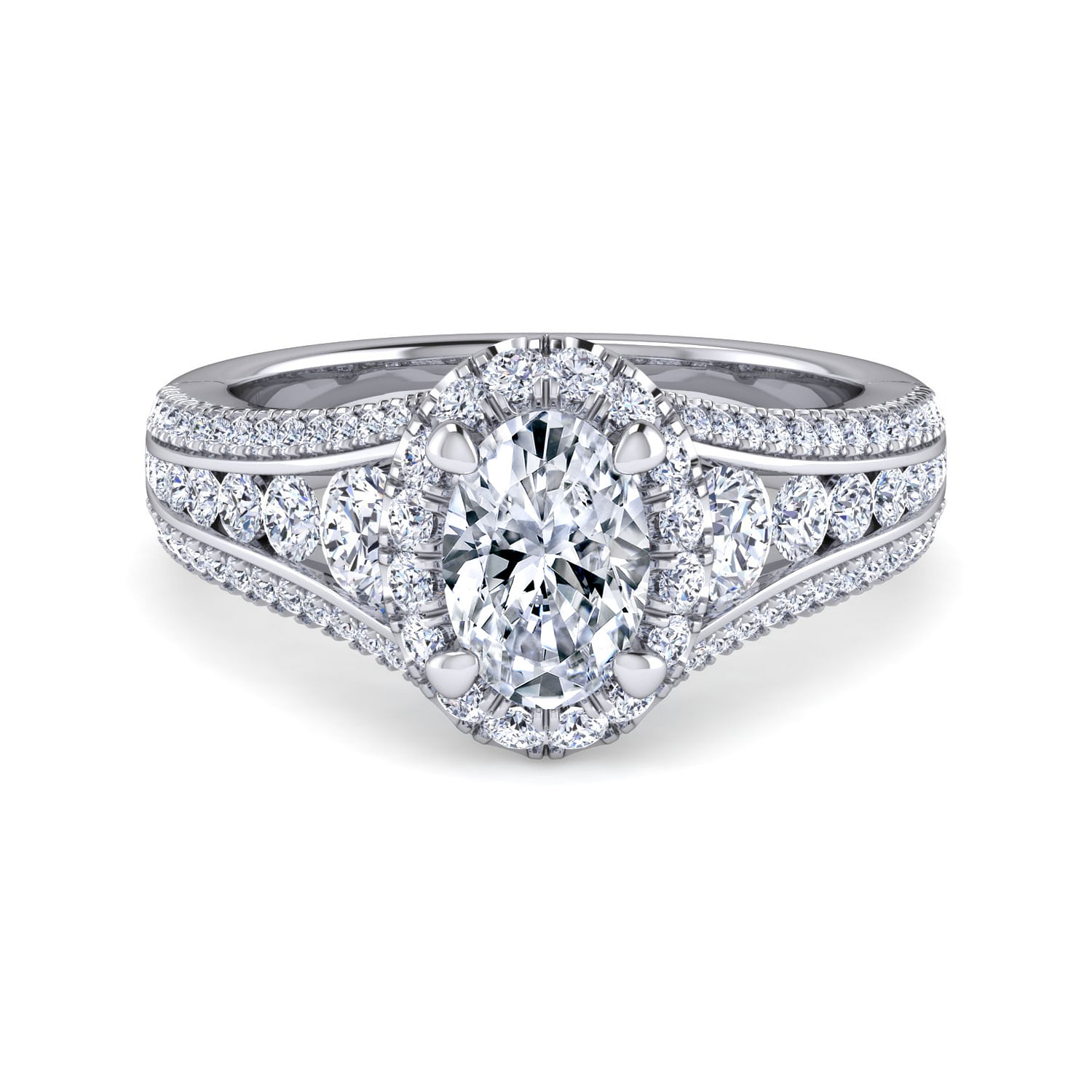 Gabriel - Platinum Oval Halo Diamond Channel Set Engagement Ring