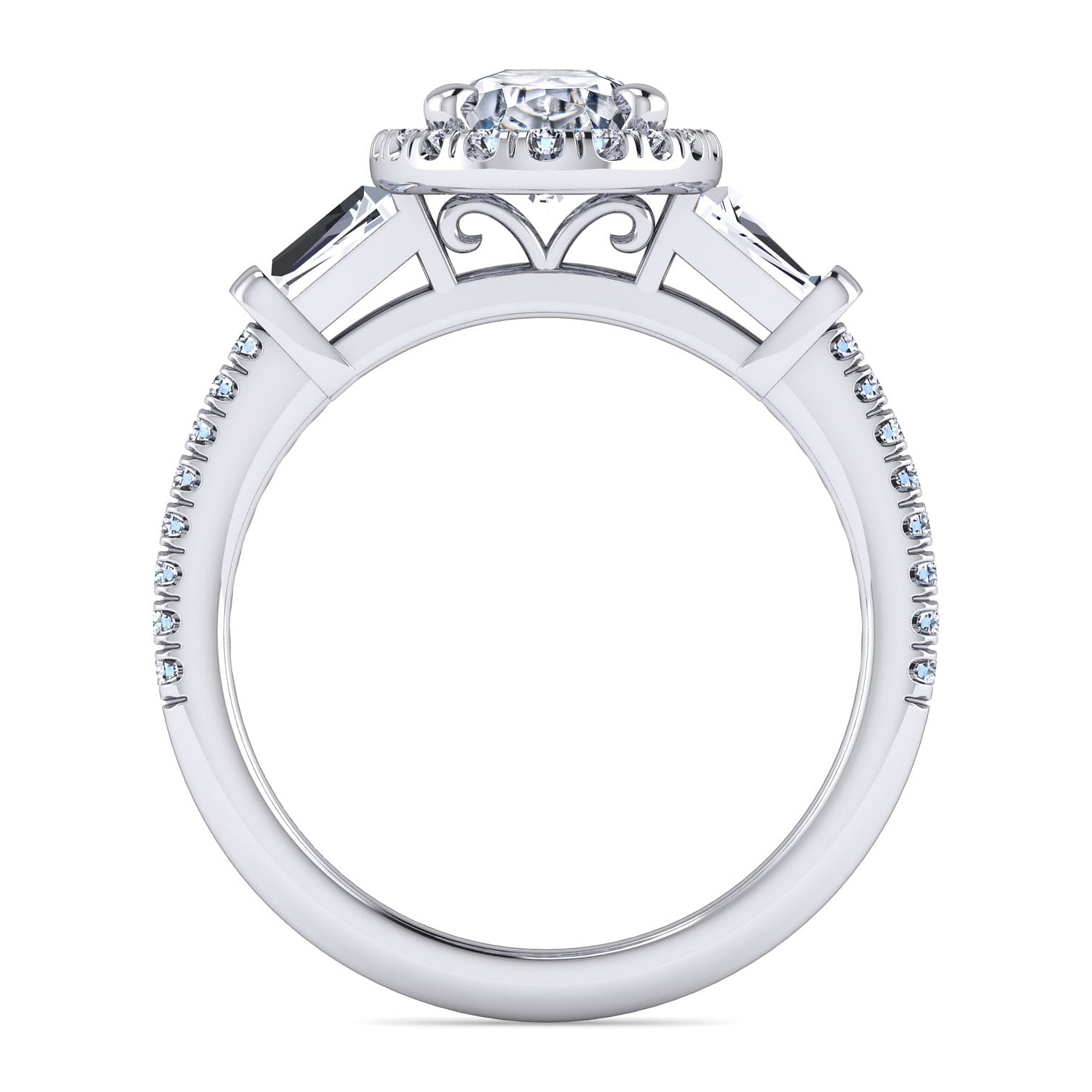 Platinum Oval Three Stone Halo Diamond Channel Set Engagement Ring
