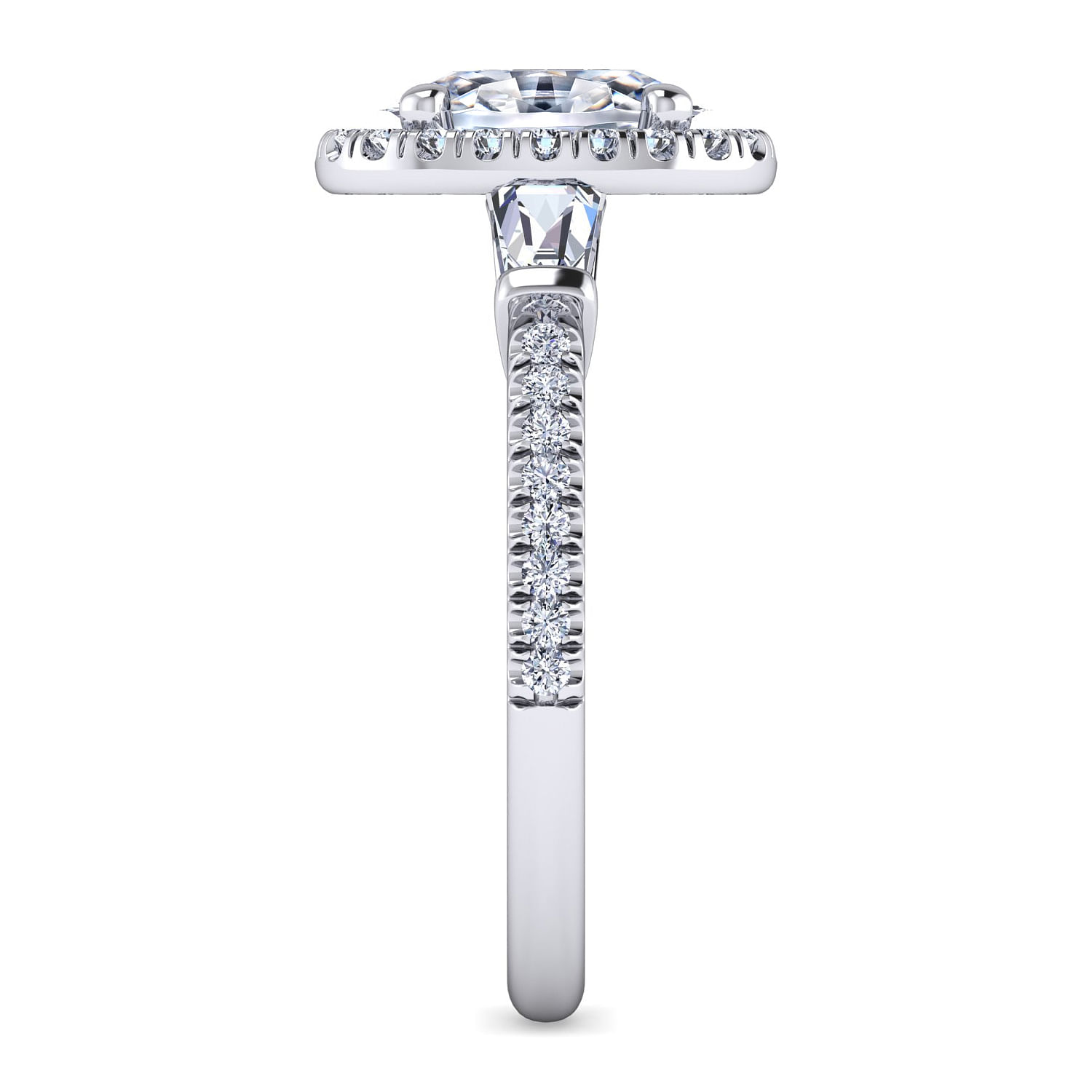 Platinum Oval Three Stone Halo Diamond Channel Set Engagement Ring