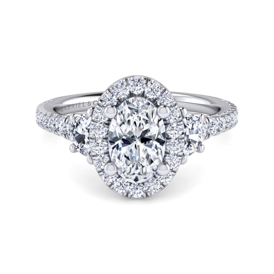 Gabriel - Platinum Oval Three Stone Halo Diamond Engagement Ring