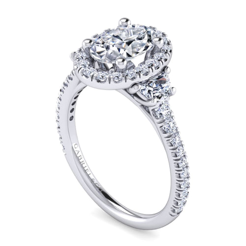 Platinum Oval Three Stone Halo Diamond Engagement Ring