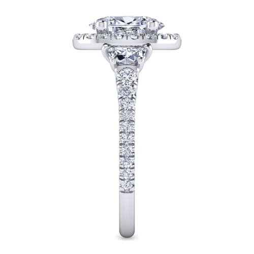 Platinum Oval Three Stone Halo Diamond Engagement Ring