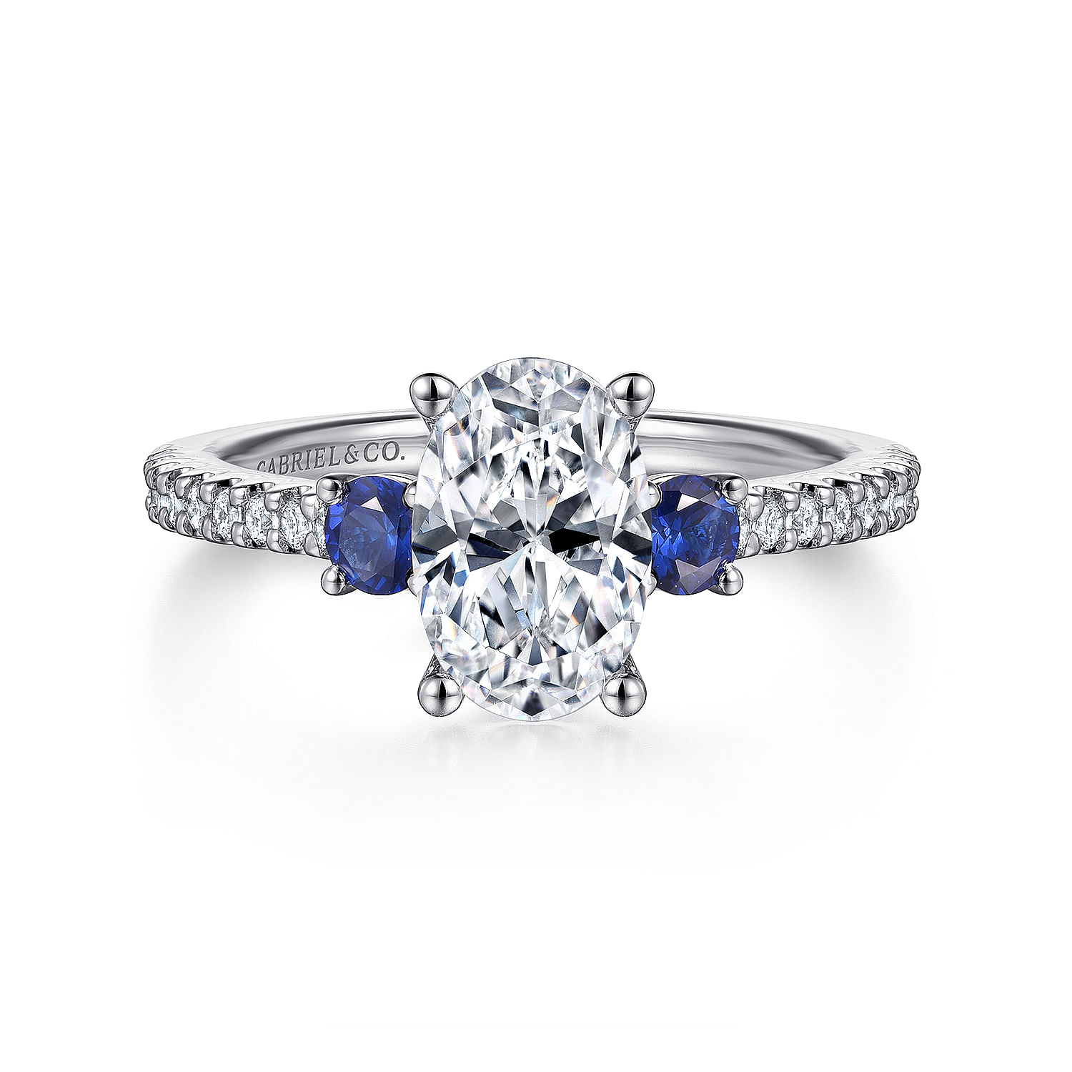 Platinum Oval Three Stone Sapphire and Diamond Engagement Ring
