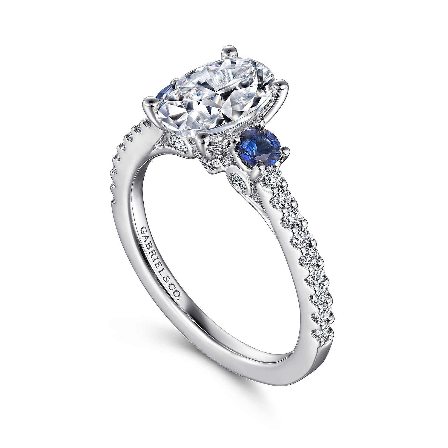 Platinum Oval Three Stone Sapphire and Diamond Engagement Ring