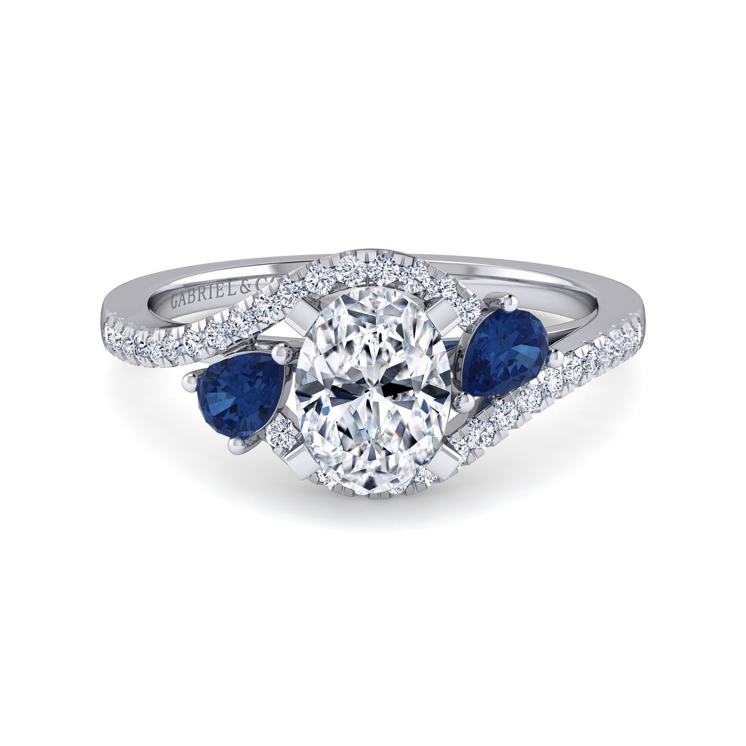 Gabriel - Platinum Oval Three Stone Sapphire and Diamond Engagement Ring