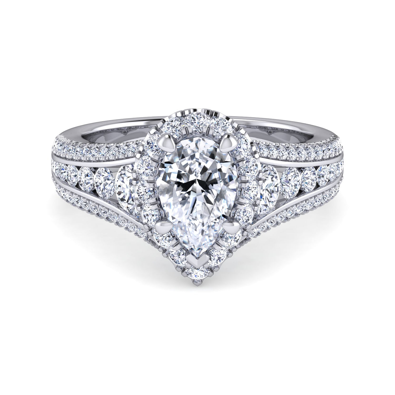 Platinum Pear Shape Halo Diamond Channel Set Engagement Ring