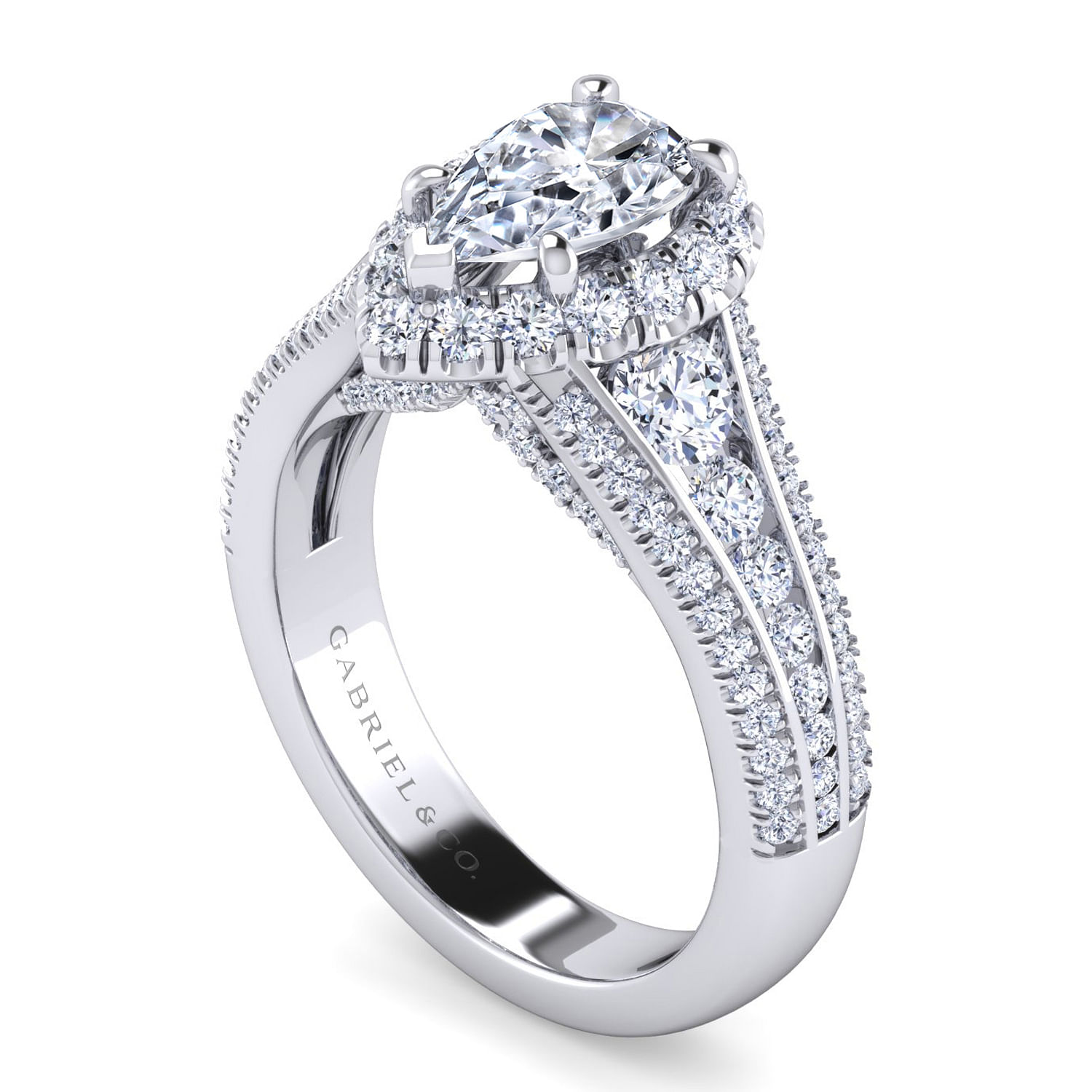 Platinum Pear Shape Halo Diamond Channel Set Engagement Ring