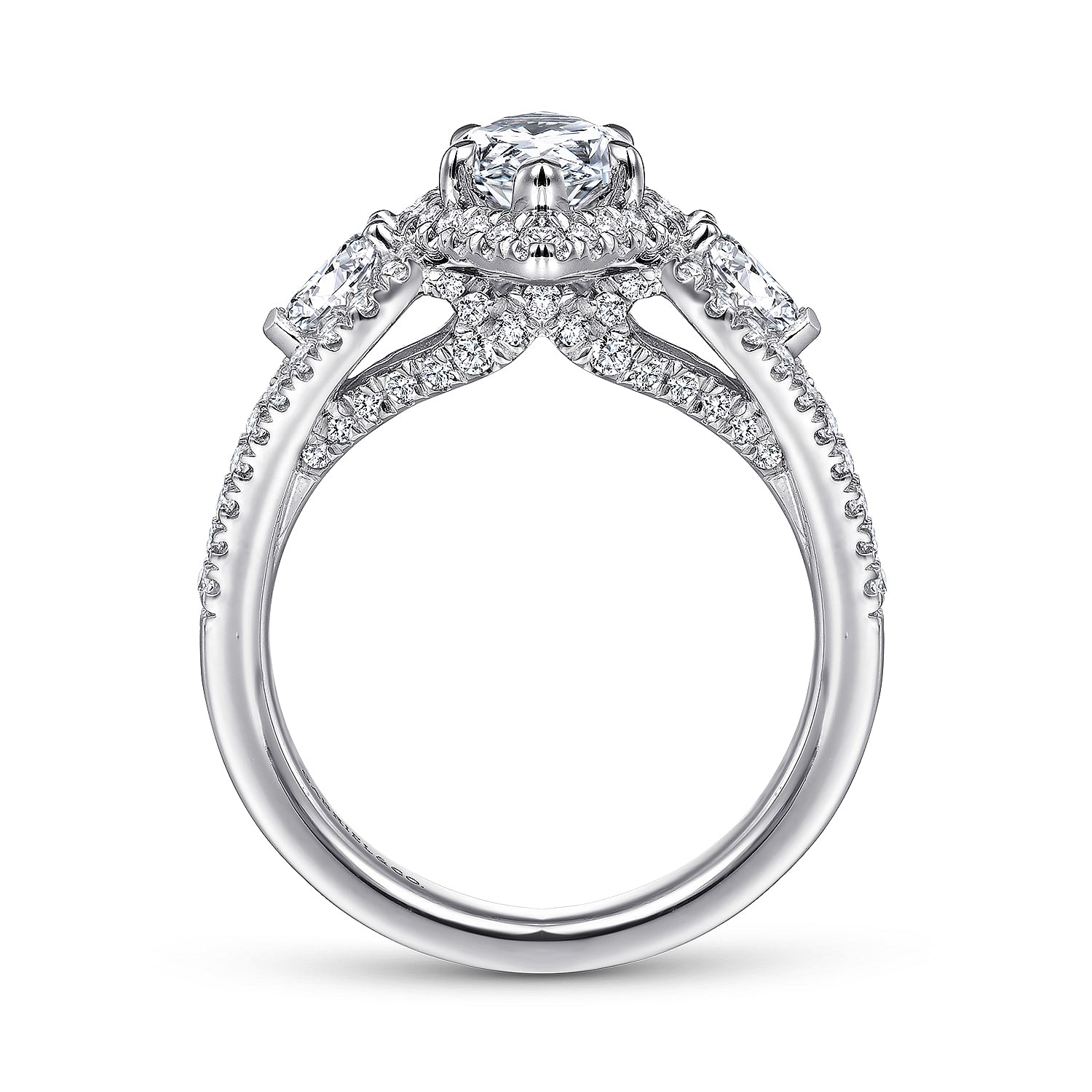 Platinum Pear Shape Three Stone Halo Diamond Engagement Ring