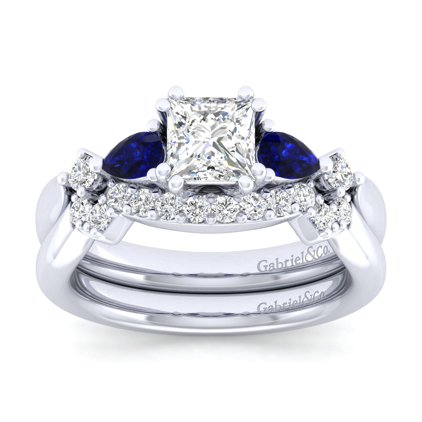 Platinum Princess Cut Five Stone Sapphire and Diamond Engagement Ring