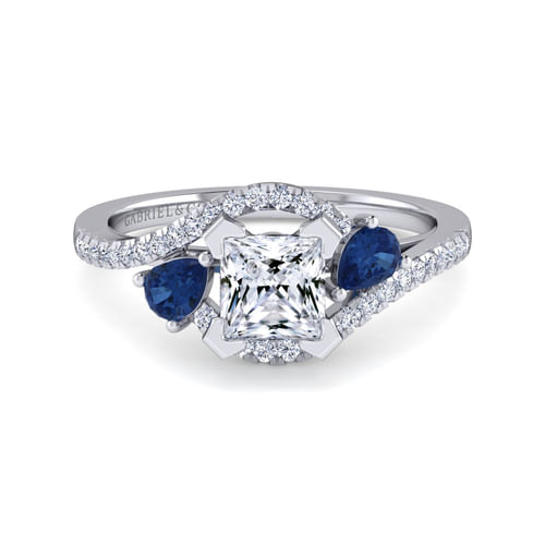 Platinum Princess Cut Three Stone Sapphire and Diamond Engagement Ring