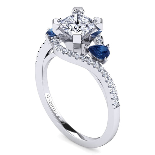 Platinum Princess Cut Three Stone Sapphire and Diamond Engagement Ring