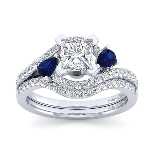 Platinum Princess Cut Three Stone Sapphire and Diamond Engagement Ring