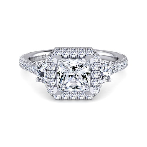 Platinum Princess Three Stone Halo Diamond Engagement Ring