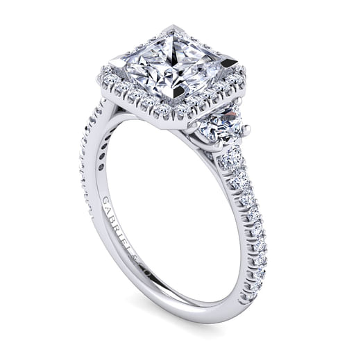 Platinum Princess Three Stone Halo Diamond Engagement Ring
