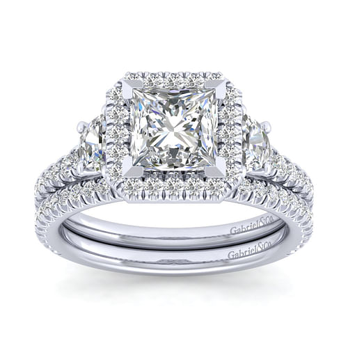 Platinum Princess Three Stone Halo Diamond Engagement Ring