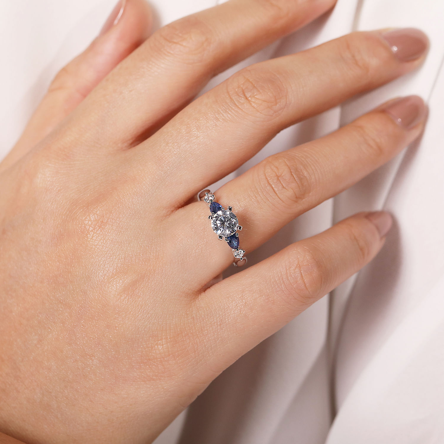 Platinum Round Five Stone Sapphire and Diamond Engagement Ring