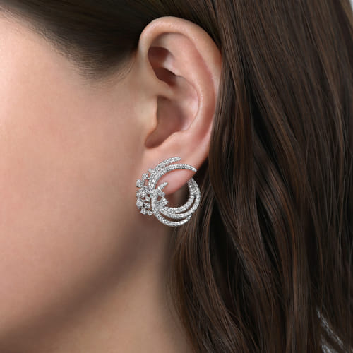 Platinum Round Three Row Swirling Diamond Stud Earrings