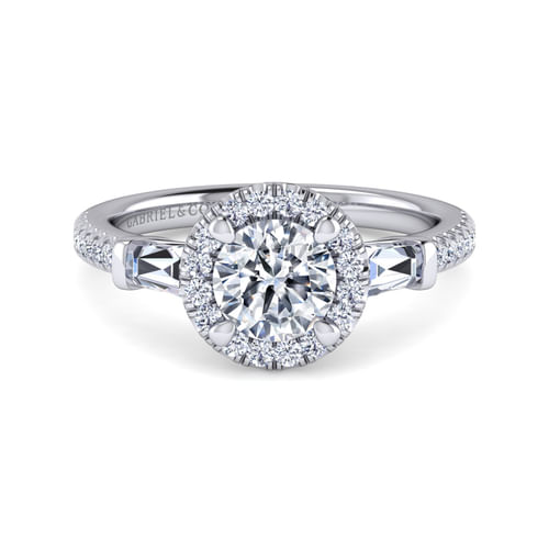 Platinum Round Three Stone Halo Diamond Channel Set Engagement Ring