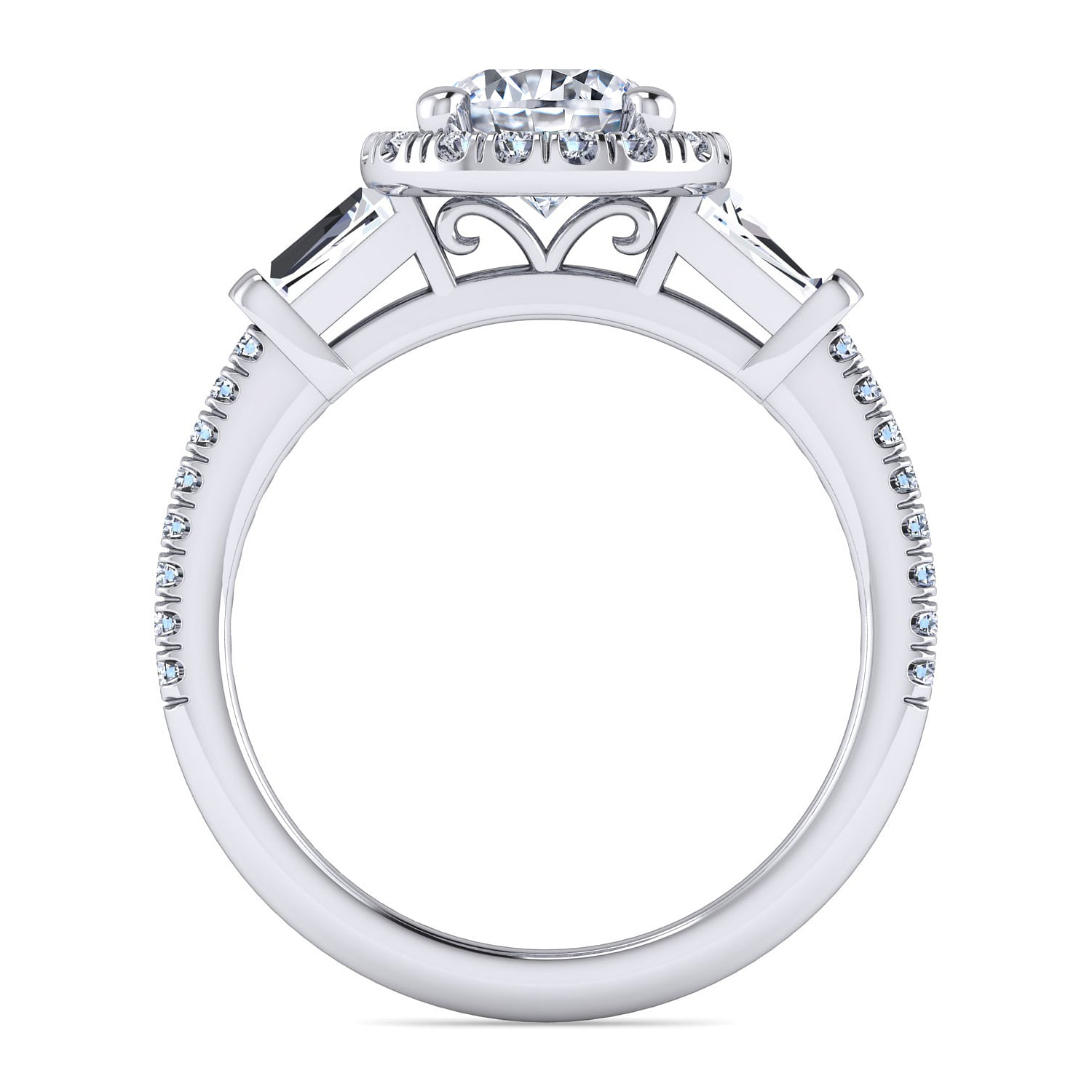 Platinum Round Three Stone Halo Diamond Channel Set Engagement Ring