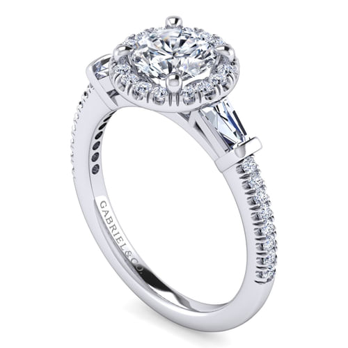 Platinum Round Three Stone Halo Diamond Channel Set Engagement Ring