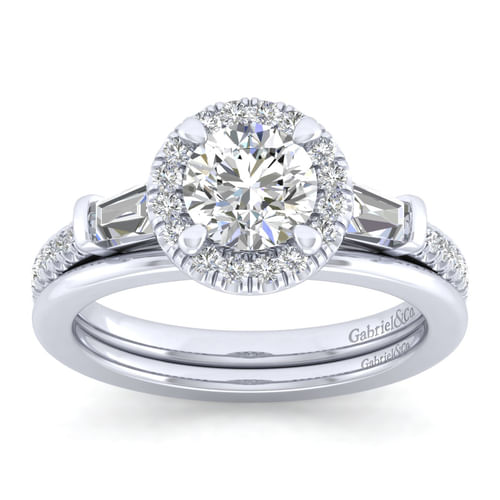 Platinum Round Three Stone Halo Diamond Channel Set Engagement Ring