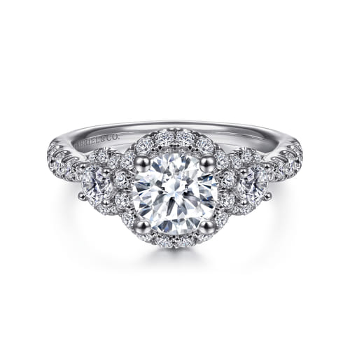 Platinum Round Three Stone Halo Diamond Engagement Ring