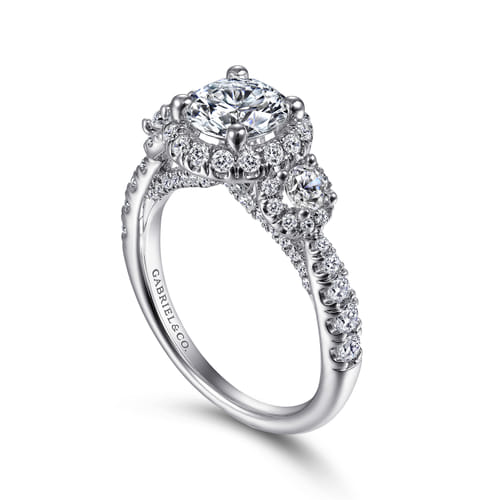 Platinum Round Three Stone Halo Diamond Engagement Ring