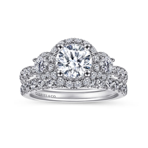 Platinum Round Three Stone Halo Diamond Engagement Ring