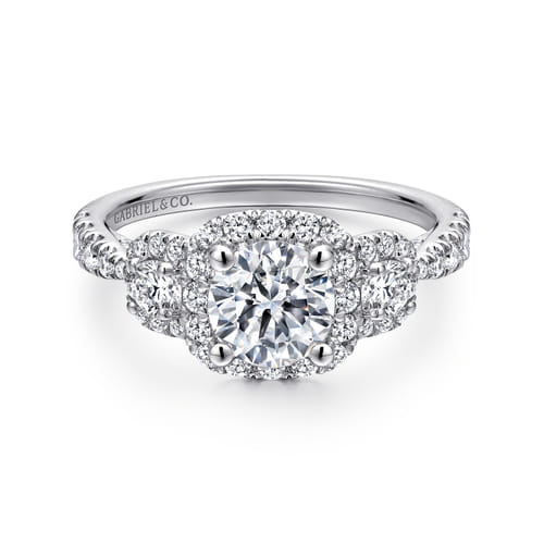 Platinum Round Three Stone Halo Diamond Engagement Ring