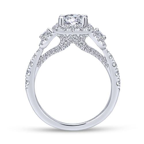 Platinum Round Three Stone Halo Diamond Engagement Ring