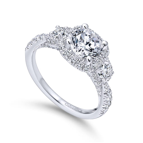 Platinum Round Three Stone Halo Diamond Engagement Ring