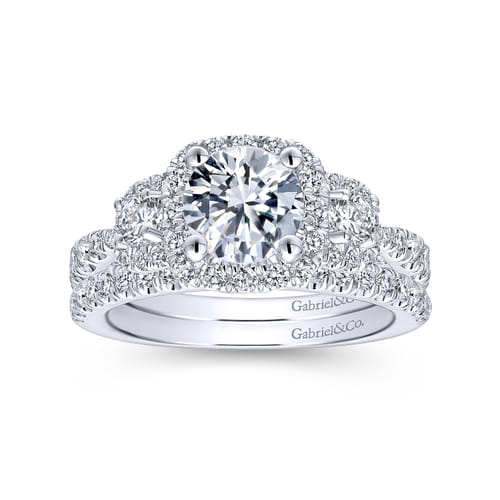Platinum Round Three Stone Halo Diamond Engagement Ring