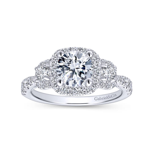 Platinum Round Three Stone Halo Diamond Engagement Ring
