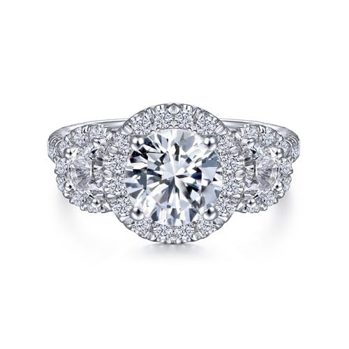 Platinum Round Three Stone Halo Diamond Engagement Ring