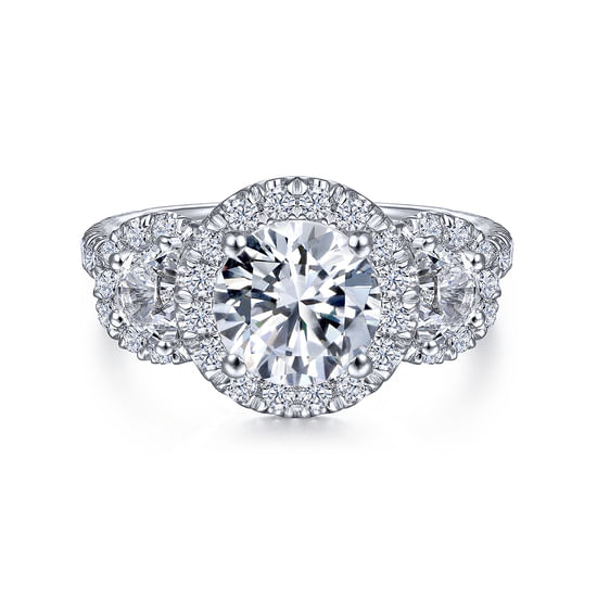 Gabriel - Platinum Round Three Stone Halo Diamond Engagement Ring