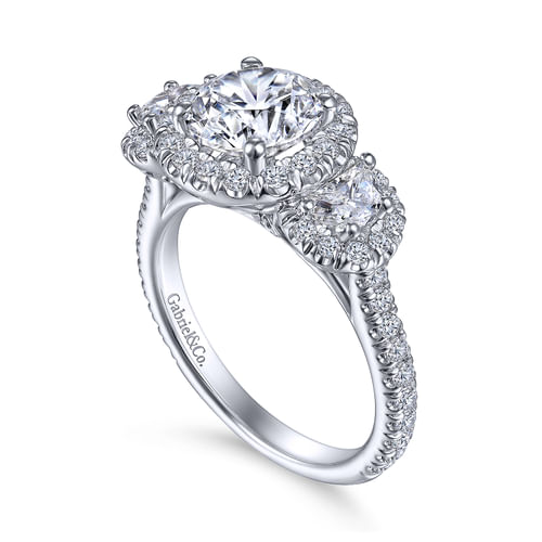 Platinum Round Three Stone Halo Diamond Engagement Ring