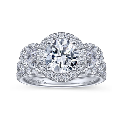 Platinum Round Three Stone Halo Diamond Engagement Ring