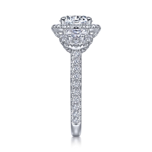 Platinum Round Three Stone Halo Diamond Engagement Ring