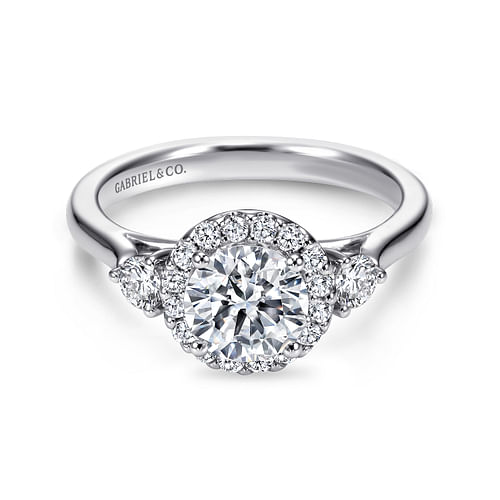Platinum Round Three Stone Halo Diamond Engagement Ring