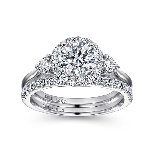 Platinum Round Three Stone Halo Diamond Engagement Ring