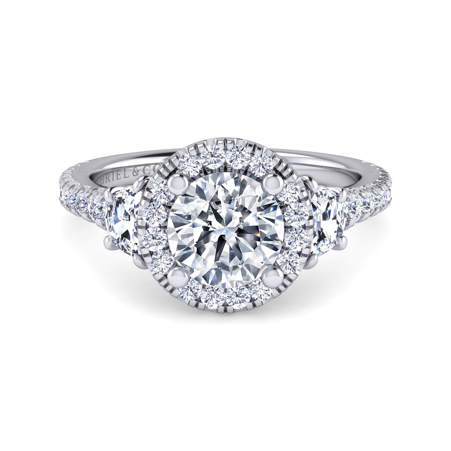 Gabriel - Platinum Round Three Stone Halo Diamond Engagement Ring