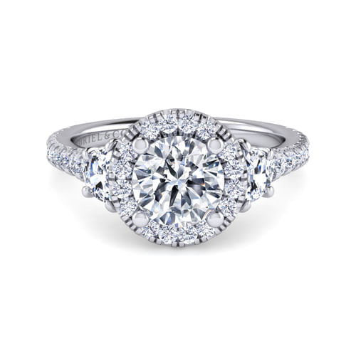 Platinum Round Three Stone Halo Diamond Engagement Ring
