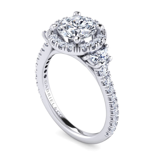 Platinum Round Three Stone Halo Diamond Engagement Ring
