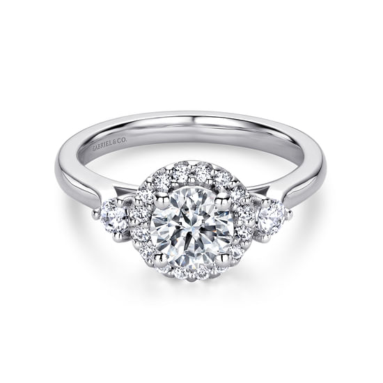 Gabriel - Platinum Round Three Stone Halo Diamond Engagement Ring