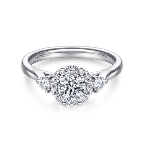 Platinum Round Three Stone Halo Diamond Engagement Ring