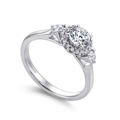 Platinum Round Three Stone Halo Diamond Engagement Ring