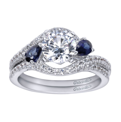 Platinum Round Three Stone Sapphire and Diamond Engagement Ring